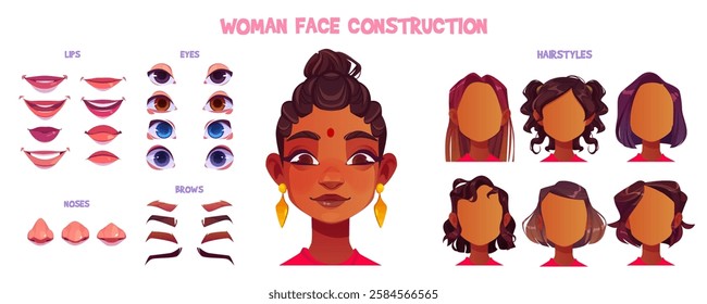 Woman face construction set with Indian character elements - traditional bindi mark, golden earrings, mouth expressions, nose and eye options, eyebrow and hairstyle shapes for character customization.