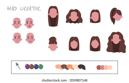 woman face construction set.different hairstyles and emotions.head creator