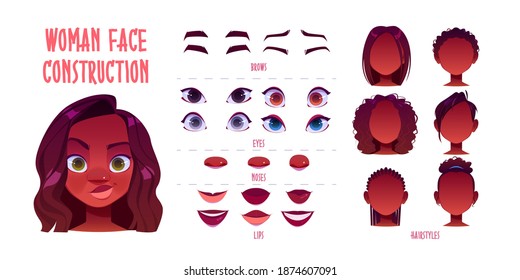 Woman Face Constructor, Avatar Of African American Female Character Creation Dark Skin Heads, Hairstyle, Nose, Eyes With Eyebrows And Lips. Isolated Facial Elements For Construction Cartoon Vector Set