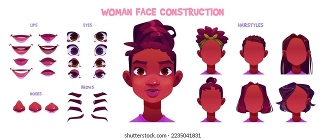 Woman face constructor, avatar of african american female character creation dark skin heads, hairstyle, nose, eyes with eyebrows and lips. Isolated facial elements for construction cartoon vector set