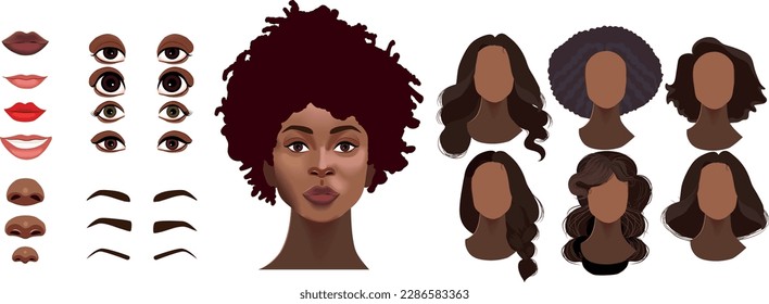 Woman face constructor, avatar of african american female character creation dark skin heads, hairstyle, nose, eyes with eyebrows and lips. Isolated facial elements for construction cartoon vector set