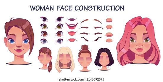 Woman face constructor, avatar of cartoon creation heads, hairstyle, nose, eyes with eyebrows and lips. Facial elements for construction isolated on white background. Vector illustration.