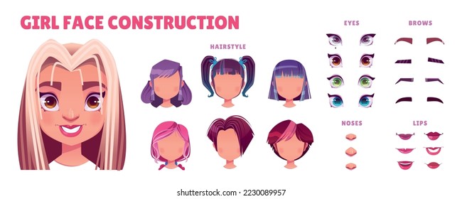 Woman face constructor, avatar of caucasian female character creation heads, hairstyle, nose, eyes with eyebrows and lips. Facial construction elements isolated on white background, cartoon vector set
