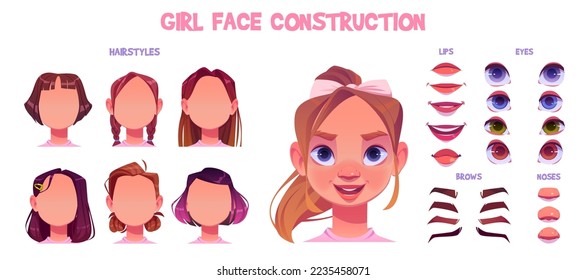 Woman face constructor, avatar of caucasian female character creation heads, hairstyle, nose, eyes with eyebrows and lips. Facial construction elements isolated on white background, cartoon vector set