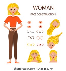 Woman face constructor. Businesswoman working character design set. Vector illustration