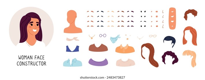 Woman face constructor. Cartoon female character. Girl avatar creation. Choosing body parts. Facial generator kit. Beautiful hairstyles. Smile lips. Mouth and nose