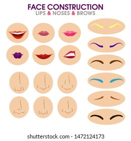 Woman face constructor. Different eyebrows, lips and noses. Cartoon vector style. Creation of spare parts. Character. Vector.