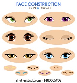 Woman face constructor. Different eyebrows and eyes. Cartoon vector style. Creation of spare parts. Character. Vector.