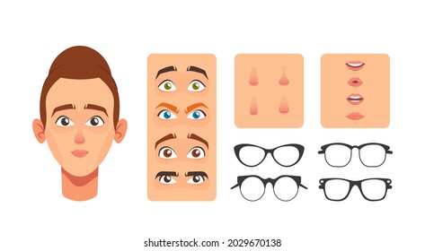 Woman Face Constructor Elements, Avatar Creation. Caucasian Female Character Facial Construction Head, Nose, Eyes, Eyebrows, Glasses and Mouth or Lips Isolated on White Background, Cartoon Vector Set