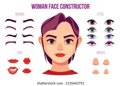 Woman face constructor elements with different colors and forms of noses eyes brows lips and female character portrait in centre cartoon vector illustration