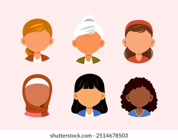 Woman face constructor. Faceless girls of different ethnic groups. Pack for creation users avatars. Trendy users pictures for social networks. Flat vector collection isolated on violet background