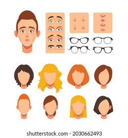 Woman Face Constructor, Facial Elements for Construction Caucasian Female Character Avatar, Heads Blond, Brown and Ginger Hairstyle, Nose, Eyes With Eyebrows, Lips. Cartoon Vector Illustration, Set