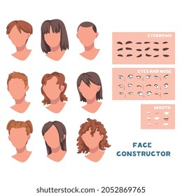 Woman Face Constructor With Head And Spare Parts Like Eyebrow, Eyes And Mouth Vector Set