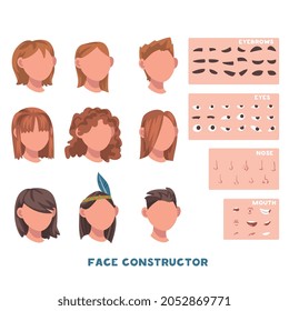 Woman Face Constructor With Head And Spare Parts Like Eyebrow, Eyes And Mouth Vector Set