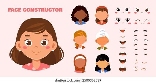 Constructor de la cara de la mujer. Niña en pendientes, constructores de cara de diferentes etnias. Conjunto de labios, labios y ojos para crear avatares. Colección plana del Vector aislada en el fondo blanco