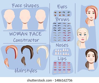 Woman face constructor. Vector female character avatar creation - head, lips, nose and eyes illustration set of facial elements.