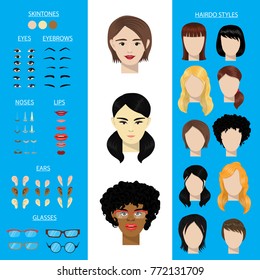 Woman face constructor vector set female character avatar creation head ears lips nose eyes eyebrows hairdo Asian African American facial elements construction illustration isolated.