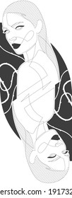 Woman face continuous line drawing. Fashion concept, woman beauty minimalist, vector illustration for t-shirt. Dual similar portraits like on cards.