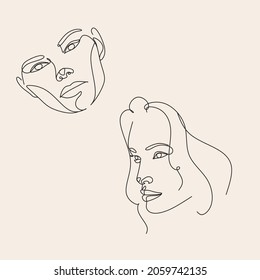 Woman face continuous line drawing. Woman Line art vector.  Abstract minimal woman portrait. Logo, icon, label. Salon logo