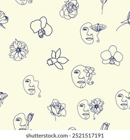 Woman face Continuous line seamless pattern. Abstract Female portrait with flowers. Drawing vector Wallpaper, fabric, wrapping paper, card, poster