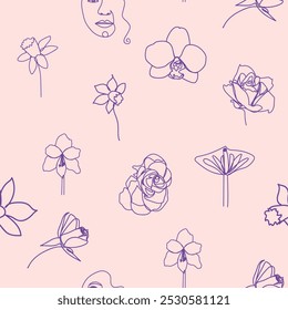 Woman face Continuous line seamless pattern. Abstract Female portrait with flowers. Drawing vector Wallpaper, fabric, wrapping paper, card, poster