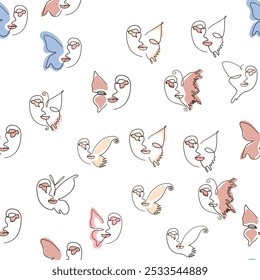 Woman face Continuous line seamless pattern. Abstract Female portrait with Butterfly. Drawing vector Wallpaper, fabric, wrapping paper, card, poster