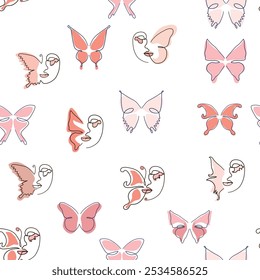 Woman face Continuous line seamless pattern. Abstract Female portrait with Butterfly. Drawing vector Wallpaper, fabric, wrapping paper, card, poster