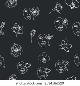 Woman face Continuous line seamless pattern. Abstract Female portrait with flowers. Drawing vector Wallpaper, fabric, wrapping paper, card, poster