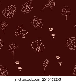 Woman face Continuous line seamless pattern. Abstract Female portrait with flowers. Drawing vector Wallpaper, fabric, wrapping paper, card, poster