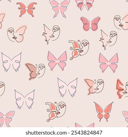 Woman face Continuous line seamless pattern. Abstract Female portrait with Butterfly. Drawing vector Wallpaper, fabric, wrapping paper, card, poster