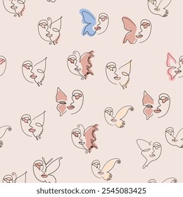 Woman face Continuous line seamless pattern. Abstract Female portrait with Butterfly. Drawing vector Wallpaper, fabric, wrapping paper, card, poster