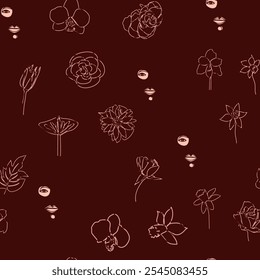Woman face Continuous line seamless pattern. Abstract Female portrait with flowers. Drawing vector Wallpaper, fabric, wrapping paper, card, poster
