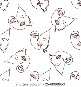 Woman face Continuous line seamless pattern. Abstract Female portrait with Butterfly. Drawing vector Wallpaper, fabric, wrapping paper, card, poster