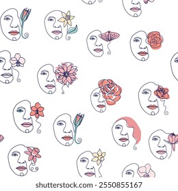 Woman face Continuous line seamless pattern. Abstract Female portrait with flowers. Drawing vector Wallpaper, fabric, wrapping paper, card, poster