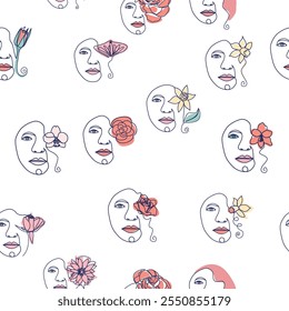 Woman face Continuous line seamless pattern. Abstract Female portrait with flowers. Drawing vector Wallpaper, fabric, wrapping paper, card, poster