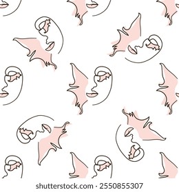Woman face Continuous line seamless pattern. Abstract Female portrait with Butterfly. Drawing vector Wallpaper, fabric, wrapping paper, card, poster