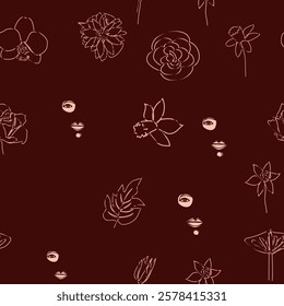 Woman face Continuous line seamless pattern. Abstract Female portrait with flowers. Drawing vector Wallpaper, fabric, wrapping paper, card, poster