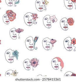 Woman face Continuous line seamless pattern. Abstract Female portrait with flowers. Drawing vector Wallpaper, fabric, wrapping paper, card, poster