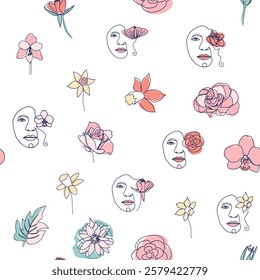 Woman face Continuous line seamless pattern. Abstract Female portrait with flowers. Drawing vector Wallpaper, fabric, wrapping paper, card, poster