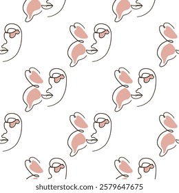 Woman face Continuous line seamless pattern. Abstract Female portrait with Butterfly. Drawing vector Wallpaper, fabric, wrapping paper, card, poster