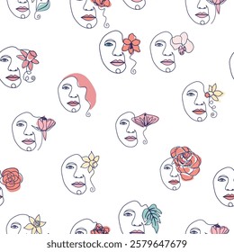 Woman face Continuous line seamless pattern. Abstract Female portrait with flowers. Drawing vector Wallpaper, fabric, wrapping paper, card, poster