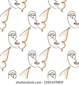 Woman face Continuous line seamless pattern. Abstract Female portrait with Butterfly. Drawing vector Wallpaper, fabric, wrapping paper, card, poster