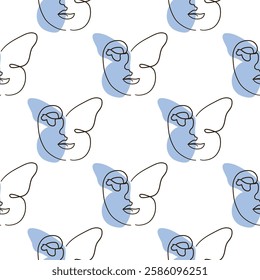 Woman face Continuous line seamless pattern. Abstract Female portrait with Butterfly. Drawing vector Wallpaper, fabric, wrapping paper, card, poster