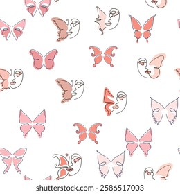 Woman face Continuous line seamless pattern. Abstract Female portrait with Butterfly. Drawing vector Wallpaper, fabric, wrapping paper, card, poster