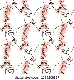 Woman face Continuous line seamless pattern. Abstract Female portrait with Butterfly. Drawing vector Wallpaper, fabric, wrapping paper, card, poster