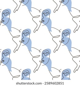Woman face Continuous line seamless pattern. Abstract Female portrait with Butterfly. Drawing vector Wallpaper, fabric, wrapping paper, card, poster