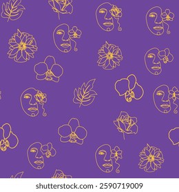 Woman face Continuous line seamless pattern. Abstract Female portrait with flowers. Drawing vector Wallpaper, fabric, wrapping paper, card, poster