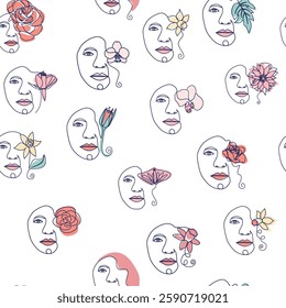 Woman face Continuous line seamless pattern. Abstract Female portrait with flowers. Drawing vector Wallpaper, fabric, wrapping paper, card, poster