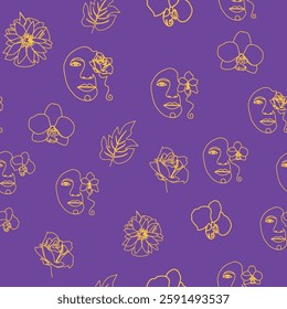Woman face Continuous line seamless pattern. Abstract Female portrait with flowers. Drawing vector Wallpaper, fabric, wrapping paper, card, poster