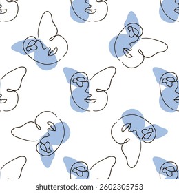 Woman face Continuous line seamless pattern. Abstract Female portrait with Butterfly. Drawing vector Wallpaper, fabric, wrapping paper, card, poster